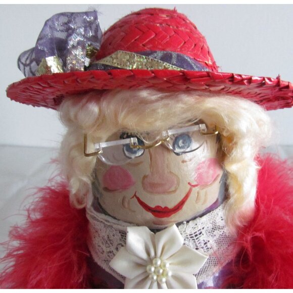Handcrafted Red Hat Society Lady with Feather Boa Decorative Doll Gourd Figure - Picture 2 of 11